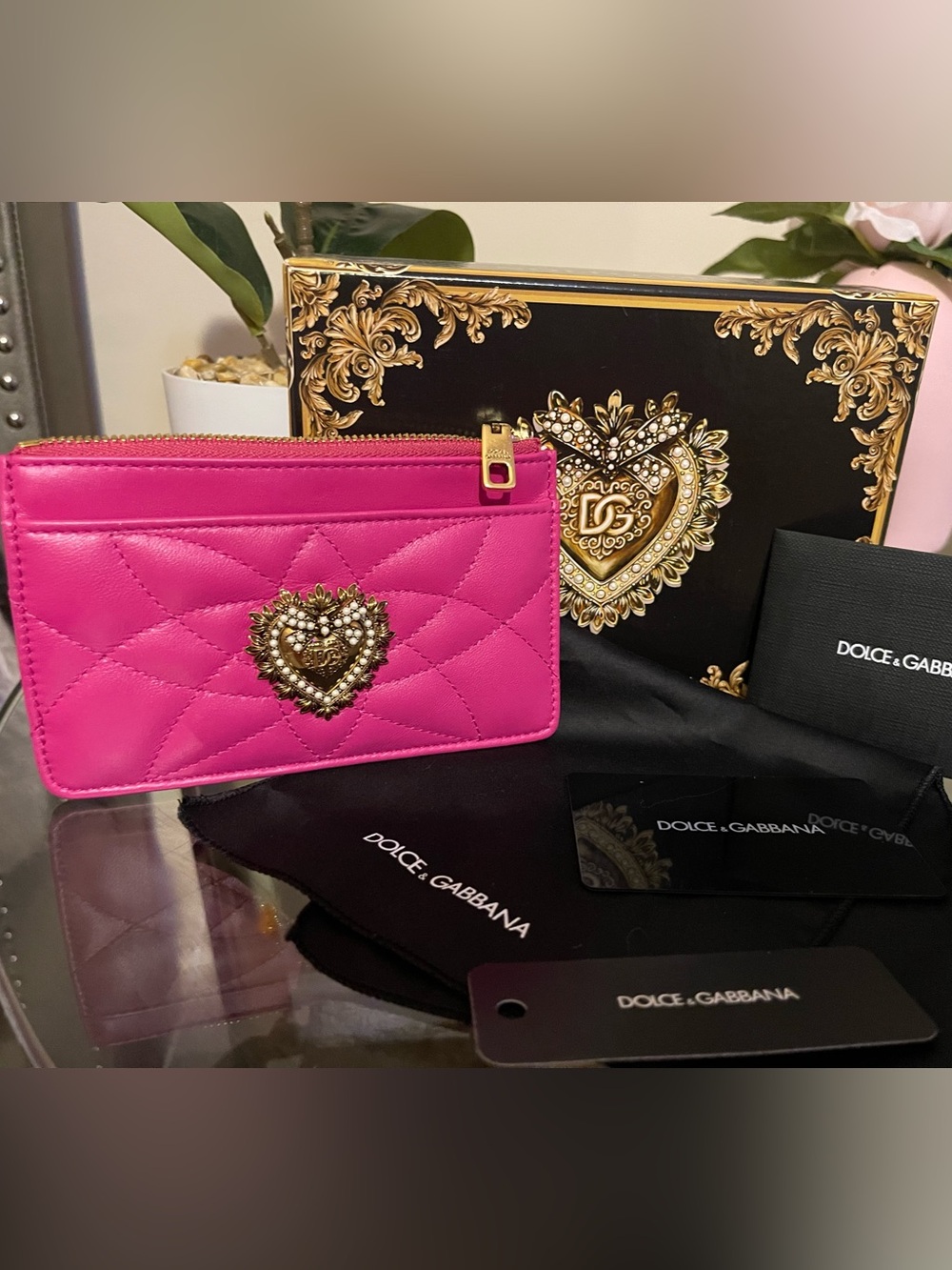 Dolce & Gabbana Hot Pink Quilted Heart Zip Card Pouch with Gold Emblem